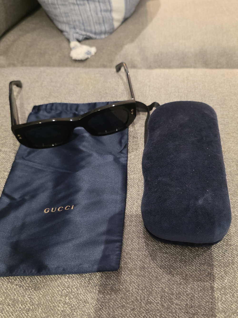 Gucci Black Rectangular Sunglasses with Navy Case